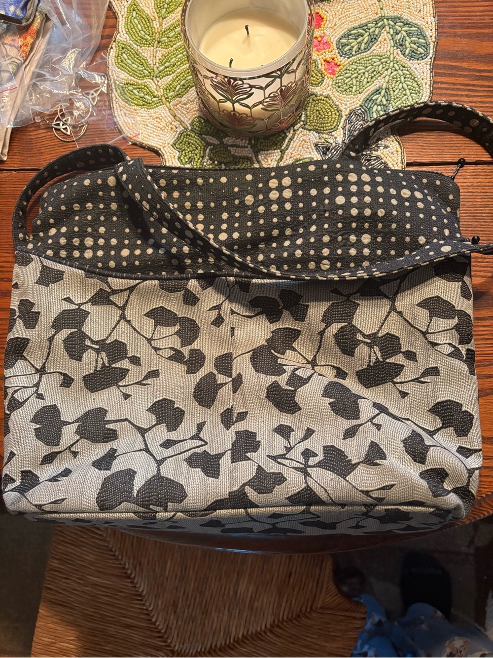 Black and Cream Leaf-Pattern Shoulder Bag with Polka Trim